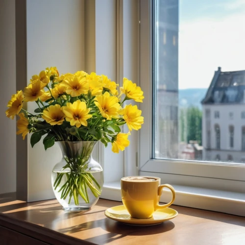 spring morning,dandelion coffee,café au lait,window sill,windowsill,sunflowers in vase,parisian coffee,paris balcony,window view,yellow daisies,café,french press,floral with cappuccino,chrysanthemum tea,yellow tulips,morning light,yellow flowers,window valance,in the morning,flower tea,Photography,General,Realistic