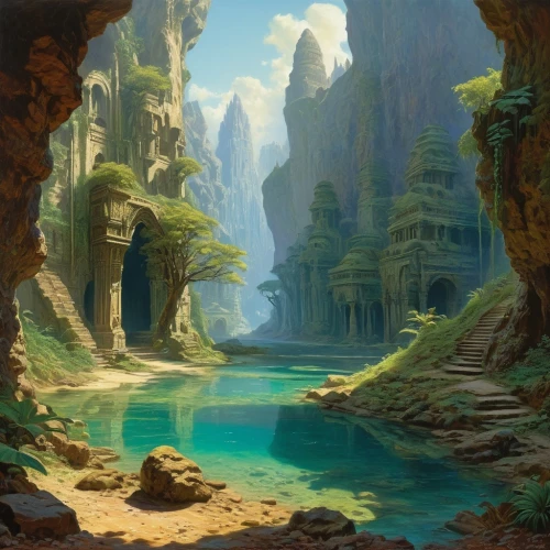 fantasy landscape,ancient city,karst landscape,futuristic landscape,imperial shores,underwater oasis,fantasy picture,underwater landscape,cave on the water,fjord,canyon,mountain settlement,background with stones,river landscape,mountain spring,meteora,fantasy art,valley,atlantis,mountainous landscape,Art,Classical Oil Painting,Classical Oil Painting 42
