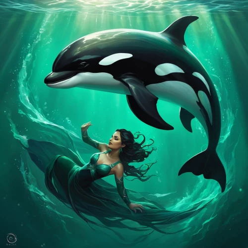 girl with a dolphin,orca,killer whale,dolphin rider,dolphin-afalina,captivity,underwater world,mermaid vectors,under the water,dolphins,underwater background,siren,dolphin swimming,two dolphins,dolphinarium,cetacea,oceanic dolphins,the people in the sea,fantasy picture,dolphins in water,Conceptual Art,Fantasy,Fantasy 17