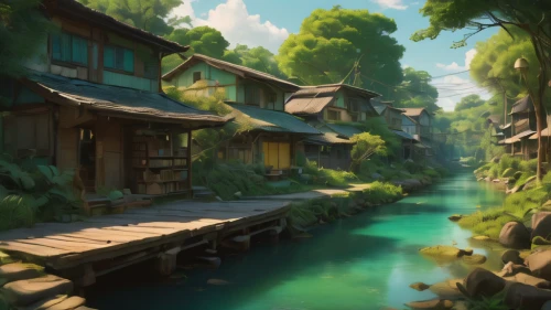 fishing village,fantasy landscape,backwater,ryokan,japan landscape,world digital painting,tsukemono,riverside,spa town,ancient city,studio ghibli,japanese background,water mill,hot spring,idyllic,backgrounds,resort town,mountain village,landscape background,river landscape,Photography,General,Natural