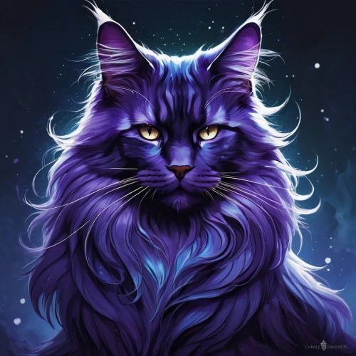 maincoon,twitch icon,capricorn kitz,norwegian forest cat,cat vector,domestic long-haired cat,cheshire,cat on a blue background,siberian cat,merlin,nebelung,twitch logo,zodiac sign leo,feline,cat portrait,breed cat,purple,luna,british longhair cat,purple background,Conceptual Art,Fantasy,Fantasy 17