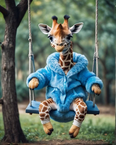 wildpark poing,anthropomorphized animals,whimsical animals,animals play dress-up,giraffidae,swing set,child in park,giraffe plush toy,wind-up toy,funny animals,wooden swing,outdoor play equipment,children's background,kids' things,golden swing,cangaroo,empty swing,hanging swing,forest animals,childlike,Photography,General,Cinematic