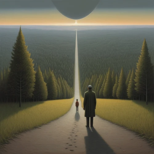 pathway,sci fiction illustration,the path,the mystical path,parallel world,parallel worlds,travelers,the way,forest path,walking man,pilgrimage,forest road,pedestrian,guiding light,long road,physical distance,journey,forest walk,road to nowhere,distance,Art,Artistic Painting,Artistic Painting 48