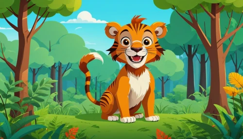 felidae,a tiger,forest king lion,king of the jungle,tiger cub,tigger,tiger,children's background,cute cartoon character,tigerle,chestnut tiger,young tiger,cartoon forest,forest background,cute cartoon image,cartoon cat,cartoon video game background,cub,forest animal,wild cat
