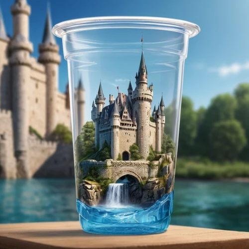 water castle,fairy tale castle,3d fantasy,water cup,fairytale castle,potions,glass cup,disney castle,tea glass,lensball,book glasses,water glass,waterglobe,potion,crown render,pint glass,water dispenser,ice castle,fantasy world,glass mug,Photography,General,Natural