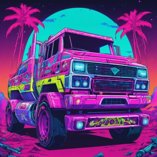 80's design,80s,truck,cybertruck,vanagon,van,easter truck,retro vehicle,day of the dead truck,kei truck,cargo,tropics,trucks,neon,pick up truck,wallpaper,miami,pickup-truck,bobby-car,retro background,Conceptual Art,Sci-Fi,Sci-Fi 28