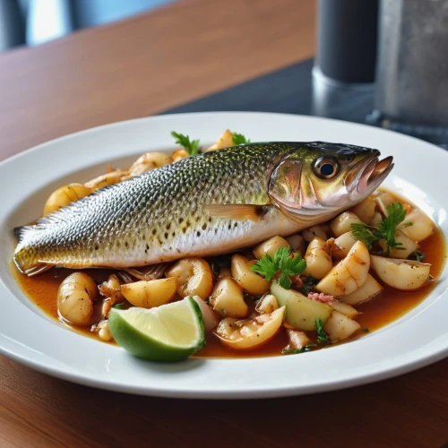 stir fried fish with sweet chili,seafood in sour sauce,bouillabaisse,sweet and sour fish,tom yum kung,pescado frito,ceviche ecuatoriano,sea bream,fish head curry,thai northern noodle,navarin,escabeche,massaman curry,cabezon (fish),ceviche,seafood pasta,fried fish with chilli,barramundi,anchovy (food),oyster sauce,Photography,General,Realistic