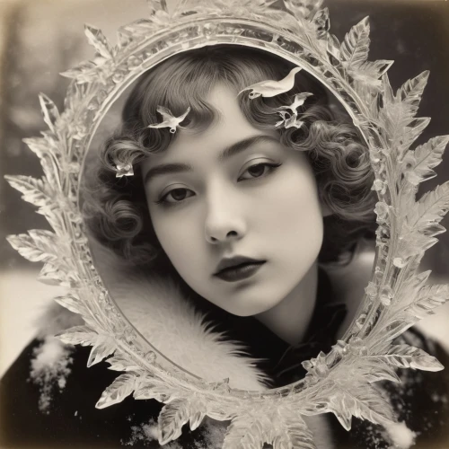 vintage female portrait,lillian gish - female,art deco frame,fanny brice,vintage woman,art deco woman,ambrotype,art nouveau frame,vintage angel,art nouveau frames,vintage makeup,anna may wong,ivy frame,art deco wreaths,vintage girl,1920s,vintage asian,vintage women,peony frame,the angel with the veronica veil,Photography,Black and white photography,Black and White Photography 15