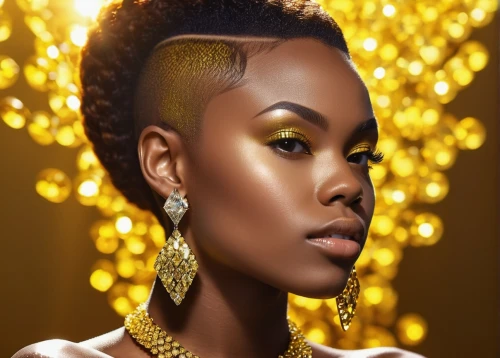 artificial hair integrations,gold crown,golden crown,gold foil crown,yellow-gold,gold glitter,gold jewelry,mohawk hairstyle,african woman,beautiful african american women,gold filigree,african american woman,gold colored,gold leaf,golden cut,retouching,gold foil,portrait background,golden color,gold foil mermaid,Photography,General,Realistic