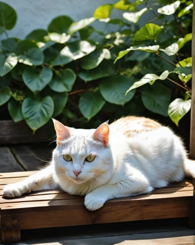 japanese bobtail,white cat,cat resting,european shorthair,garden ornament,domestic short-haired cat,turkish angora,garden pest,chinese pastoral cat,aegean cat,american curl,lily pad,cat image,american shorthair,perched on a log,sun-bathing,turkish van,domestic cat,plant bed,cat greece,Photography,General,Realistic