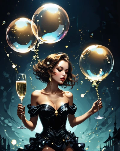 absinthe,sparkling wine,bubbles,vesper,gold and black balloons,champagne flute,crystal ball-photography,queen of the night,alice in wonderland,champagen flutes,a glass of champagne,crystal ball,bubbly wine,lady of the night,wineglass,magician,alice,new year's eve 2015,barmaid,champagne,Conceptual Art,Fantasy,Fantasy 06