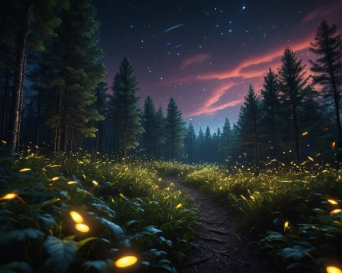 fireflies,fairy forest,forest of dreams,firefly,forest path,fairytale forest,fairy galaxy,colorful stars,elven forest,enchanted forest,forest floor,the mystical path,forest glade,night stars,light of night,coniferous forest,glitter trail,forest dark,pathway,star wood,Photography,General,Sci-Fi