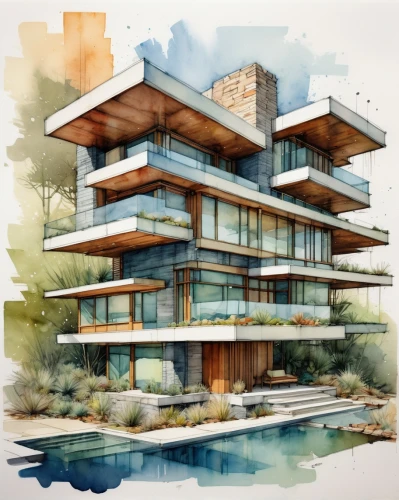 house by the water,modern architecture,aqua studio,dunes house,contemporary,eco-construction,house drawing,kirrarchitecture,habitat 67,glass facade,3d rendering,house with lake,archidaily,futuristic architecture,arhitecture,modern house,architecture,stilt house,architect plan,mid century house,Illustration,Paper based,Paper Based 13