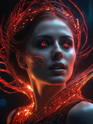 darth talon,sci fiction illustration,scarlet witch,neon body painting,fiery,katniss,fire angel,flame spirit,fire dancer,digital compositing,embers,fire eyes,the enchantress,fantasy art,world digital painting,fire siren,cg artwork,andromeda,cyborg,fantasy portrait,Photography,General,Sci-Fi