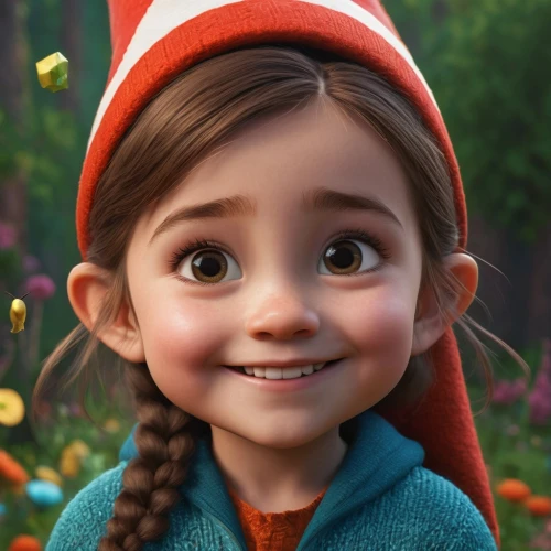 agnes,cute cartoon character,elf,clementine,disney character,a girl's smile,elsa,baby elf,princess anna,the little girl,adorable,girl wearing hat,russo-european laika,coco,cinnamon girl,isabel,lilo,laika,little girl,pippi longstocking,Photography,General,Fantasy