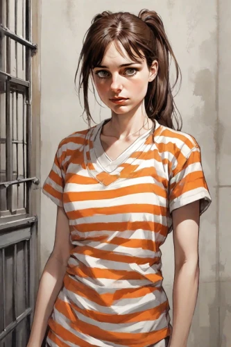 prisoner,girl in t-shirt,lori,girl in a long,isolated t-shirt,young woman,prison,clementine,portrait of a girl,the girl's face,horizontal stripes,girl portrait,worried girl,the girl in nightie,girl with cereal bowl,striped background,portrait background,depressed woman,girl sitting,girl in a historic way,Digital Art,Comic