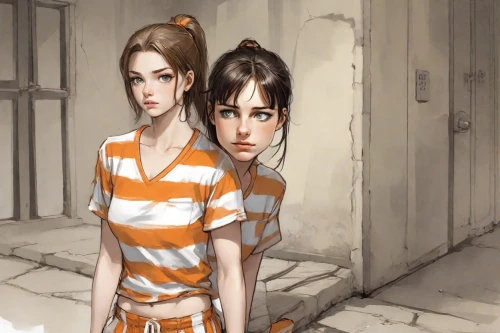 detention,croft,two girls,bad girls,prisoner,prison,handcuffed,game illustration,tied up,cells,clementine,young women,hairtie,the girl's face,anime cartoon,cute cartoon image,teens,background image,little girls,pajamas,Digital Art,Comic