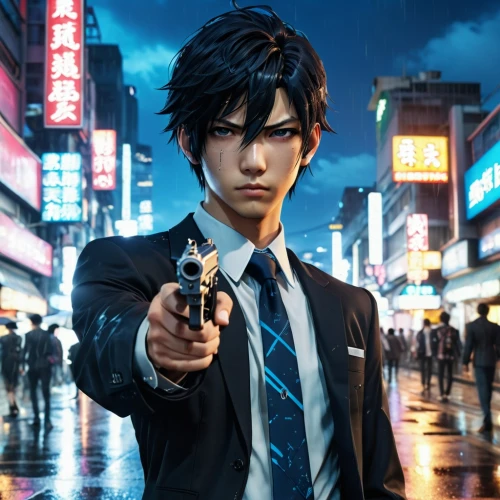 yukio,shibuya,shinjuku,jin deui,ren,cosplay image,shibuya crossing,holding a gun,detective,agent 13,tokyo ¡¡,tokyo,black city,ginza,nikko,anime boy,saji,agent,male character,revolver,Photography,General,Realistic