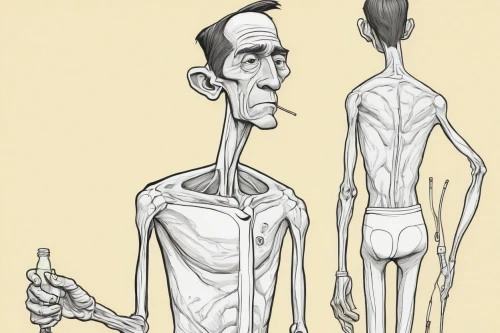 caricature,old human,thin,stilt,medical illustration,stilts,tall man,aging,carton man,caricaturist,long neck,male poses for drawing,standing man,skinny,human body,prosthetic,old age,ron mueck,advertising figure,cartoon people,Illustration,American Style,American Style 12