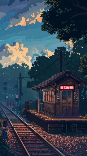 railroad station,train station,train ride,a small station,studio ghibli,railroad,wooden train,dusk background,japan landscape,last train,train,the train station,mountain station,trains,pixel art,train route,early train,railroad car,train depot,train way