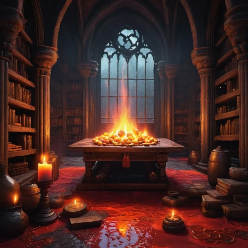hearth,candlemaker,fireplaces,cauldron,fireplace,magic book,magic grimoire,hall of the fallen,potions,debt spell,fantasy picture,scholar,witch's house,bookshelves,alchemy,divination,the books,study room,dark cabinetry,librarian,Illustration,Realistic Fantasy,Realistic Fantasy 15