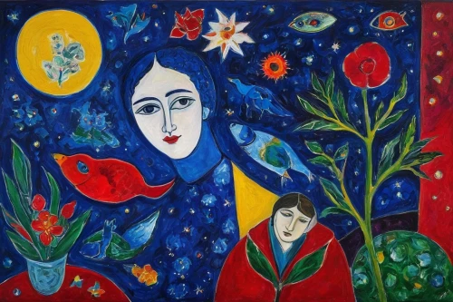 loosestrife and pomegranate family,khokhloma painting,capricorn mother and child,khamsa,mother with children,mother with child,mother and child,holy family,the mother and children,mother and children,girl in the garden,folk art,motifs of blue stars,young couple,carol colman,motif,indigenous painting,mother and father,nativity,girl in flowers,Conceptual Art,Oil color,Oil Color 17