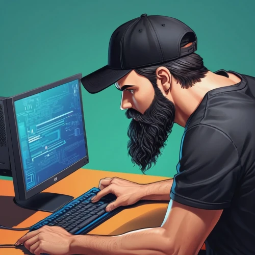 vector illustration,man with a computer,the community manager,vector art,game illustration,hacker,computer freak,programmer,crypto mining,computer addiction,photoshop school,community manager,hardware programmer,cyber crime,sysadmin,hacking,cybersecurity,computer business,world digital painting,kasperle,Unique,3D,Isometric