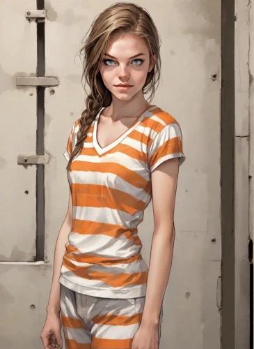 prisoner,prison,girl in t-shirt,olallieberry,horizontal stripes,detention,photoshop manipulation,chainlink,harley quinn,the girl's face,lori,character animation,lis,handcuffed,digital compositing,criminal,striped background,animated cartoon,tied up,isolated t-shirt,Digital Art,Comic