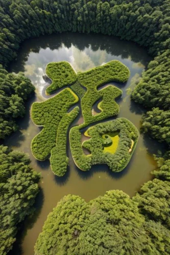 environmental art,heart of love river in kaohsiung,art forms in nature,nature art,flying island,dji agriculture,feng shui golf course,green forest,japan garden,green trees with water,artificial islands,aerial landscape,the chubu sangaku national park,bangladesh,japanese zen garden,love earth,green landscape,jeju island,island suspended,natural art,Realistic,Landscapes,Verdant