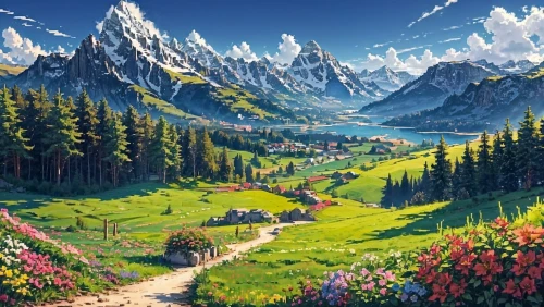 mountain scene,landscape background,mountain landscape,mountain meadow,mountainous landscape,salt meadow landscape,the landscape of the mountains,mountain valley,mountain village,alpine village,fantasy landscape,meadow landscape,alpine meadow,mountain world,mountains,valley,nature landscape,high alps,high landscape,mountain pasture