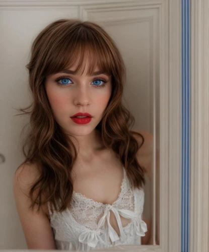 lily-rose melody depp,blue eyes,pale,bangs,angel face,red lips,porcelain doll,angelic,romantic look,angel,elegant,baby blue eyes,beautiful face,silver blue,red lipstick,vintage angel,white bow,blue eye,pretty young woman,enchanting,Common,Common,Photography