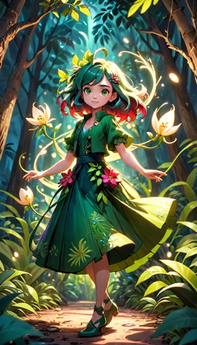 acerola,fae,merida,fairy forest,forest clover,rosa 'the fairy,garden fairy,dryad,fairy peacock,flora,tiki,forest background,flower fairy,fairy tale character,faerie,hula,girl with tree,child fairy,rosa ' the fairy,rusalka,Anime,Anime,Cartoon