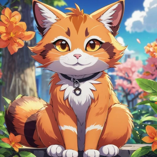 garden-fox tail,cute fox,adorable fox,flower cat,fox,child fox,a fox,little fox,felidae,calico cat,marmalade,violet evergarden,blossom kitten,firestar,kitsune,redfox,spring background,red fox,flower background,kosmea,Illustration,Japanese style,Japanese Style 03