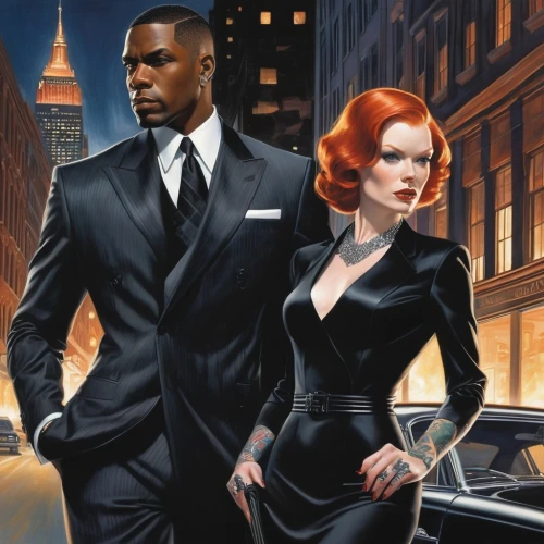 a black man on a suit,clue and white,black businessman,black couple,roaring twenties couple,spy visual,mobster couple,suits,black professional,secret agent,spy,gentleman icons,men's suit,white-collar worker,business icons,sci fiction illustration,agent,vintage man and woman,james bond,agent 13,Conceptual Art,Fantasy,Fantasy 20