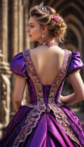 ball gown,purple dress,bodice,hoopskirt,victorian lady,evening dress,la violetta,victorian fashion,bridal clothing,rapunzel,corset,girl in a long dress from the back,celtic queen,dressmaker,cinderella,overskirt,queen of hearts,a girl in a dress,victorian style,gothic dress,Photography,General,Realistic