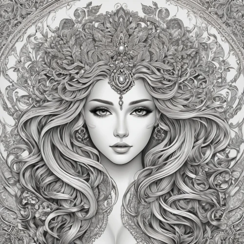 moonflower,medusa,white rose snow queen,lotus art drawing,priestess,fantasy portrait,filigree,the enchantress,zodiac sign libra,the snow queen,sacred lotus,aphrodite,zodiac sign gemini,oriental princess,sorceress,white lady,boho art,lakshmi,venetian mask,the zodiac sign pisces,Illustration,Black and White,Black and White 03