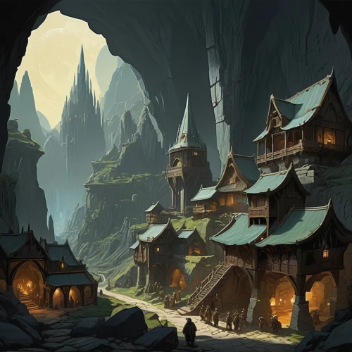 mountain settlement,fairy village,alpine village,mountain village,fantasy landscape,witch's house,knight village,mountain huts,dungeons,ancient city,fairy house,druid grove,fairy chimney,monastery,medieval town,fairy tale castle,northrend,aurora village,devilwood,concept art,Art,Artistic Painting,Artistic Painting 28