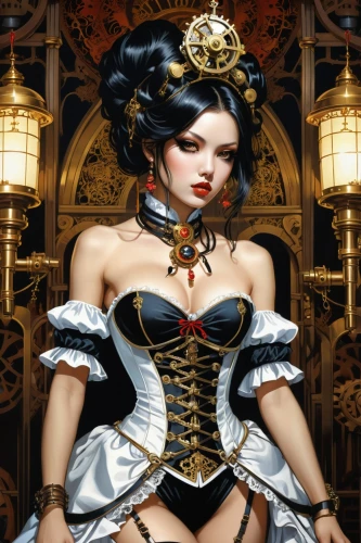 queen of hearts,victorian lady,oriental princess,steampunk,celtic queen,fantasy art,lady of the night,gothic fashion,victorian style,the carnival of venice,geisha girl,corset,bodice,fairy tale character,gothic portrait,aristocrat,queen of the night,priestess,painted lady,fantasy woman,Illustration,Realistic Fantasy,Realistic Fantasy 10