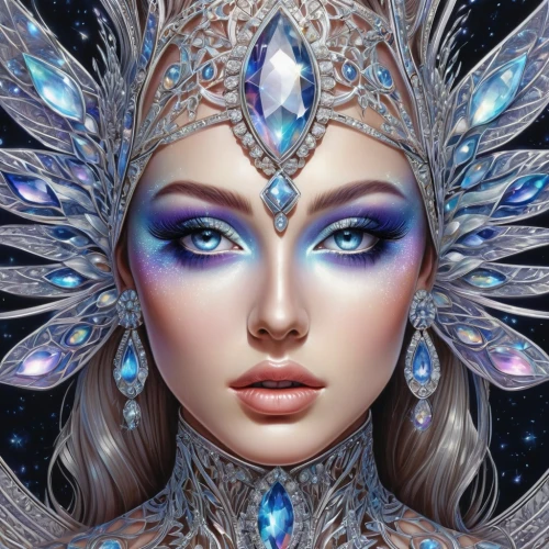 blue enchantress,ice queen,fantasy art,the snow queen,fantasy portrait,faery,faerie,crystalline,fairy queen,fantasy woman,fairy peacock,jeweled,ice princess,the enchantress,suit of the snow maiden,headdress,fantasy picture,silvery blue,sorceress,shamanic,Illustration,Realistic Fantasy,Realistic Fantasy 20