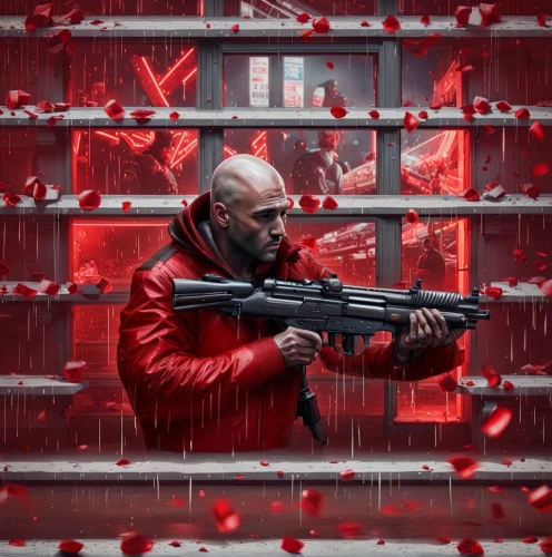 red matrix,red confetti,kalashnikov,red,matrix,daredevil,gun,sniper,spy-glass,red hood,bullets,money heist,red russian,kingpin,renegade,vladimir,cg artwork,shooter game,equalizer,machine gun