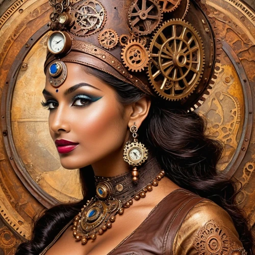 steampunk,steampunk gears,indian woman,indian bride,east indian,indian headdress,indian girl,indian girl boy,headpiece,indian art,indian,headdress,oriental princess,polynesian girl,ethnic design,adornments,victorian lady,radha,ancient egyptian girl,bollywood,Illustration,Realistic Fantasy,Realistic Fantasy 13