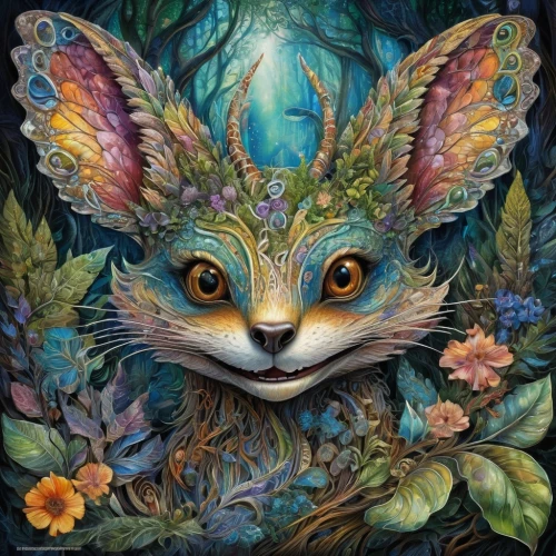 garden-fox tail,faerie,faery,dormouse,flower animal,forest animal,fae,whimsical animals,woodland animals,fauna,flower cat,tapestry,pachamama,flora,fantasy portrait,fantasy art,rabbit owl,masquerade,rabbits and hares,forest animals,Conceptual Art,Sci-Fi,Sci-Fi 06