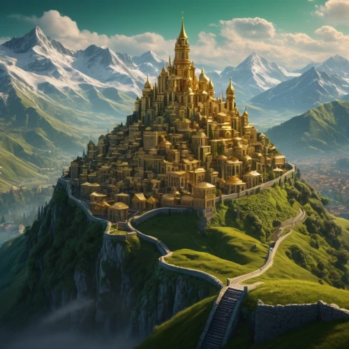 ancient city,mountain settlement,fantasy picture,fantasy landscape,fantasy art,fantasy city,world digital painting,heroic fantasy,fantasy world,tower of babel,basil's cathedral,3d fantasy,gold castle,castle of the corvin,mountain world,russian pyramid,the ancient world,castles,summit castle,knight's castle,Photography,General,Fantasy