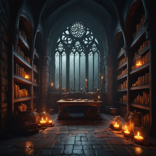 hall of the fallen,candlemaker,apothecary,haunted cathedral,fantasy picture,bookshelves,crypt,gothic architecture,witch's house,magic book,dark cabinetry,divination,dark art,potions,study room,scholar,sepulchre,reading room,book store,a dark room,Illustration,Realistic Fantasy,Realistic Fantasy 15