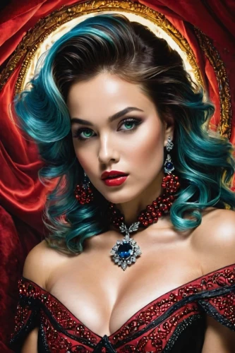 queen of hearts,fantasy art,fantasy portrait,world digital painting,vampire woman,fantasy woman,portrait background,the carnival of venice,blue enchantress,gothic portrait,fantasy picture,vampire lady,art painting,horoscope libra,sorceress,oil painting on canvas,femme fatale,gypsy soul,color turquoise,jeweled,Photography,General,Cinematic