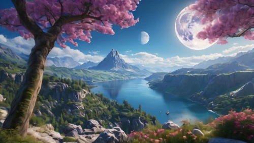 fantasy landscape,beauty scene,fantasy picture,landscape background,japanese sakura background,sakura background,mountain world,beautiful landscape,mountainous landscape,fairy world,mountain landscape,spring background,full hd wallpaper,springtime background,high landscape,mountain valley,mountain scene,the alps,hot-air-balloon-valley-sky,3d fantasy,Photography,General,Natural