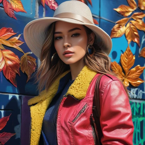 leather hat,colorful background,beret,colorful floral,autumnal,autumn color,warm colors,coral,girl wearing hat,colorful,fashion street,jacket,denim jacket,floral background,autumn icon,graffiti,colourful,vibrant color,bolero jacket,autumn background,Photography,Artistic Photography,Artistic Photography 08