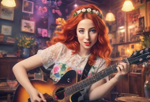 guitar,ukulele,playing the guitar,rockabella,electric guitar,retro girl,ginger rodgers,epiphone,retro woman,guitar player,guitars,vintage girl,the guitar,painted guitar,mandolin,red-haired,transistor,clary,guitarist,redhair,Photography,Realistic