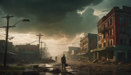 post-apocalyptic landscape,post apocalyptic,apocalyptic,destroyed city,fallout4,post-apocalypse,wasteland,world digital painting,lostplace,concept art,atmospheric,ghost town,croft,desolate,atmosphere,black city,evening atmosphere,transistor,weather-beaten,slum,Photography,General,Cinematic