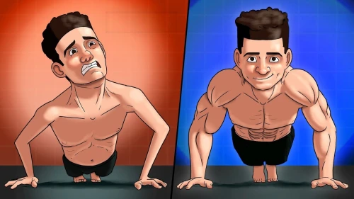 yoga guy,male poses for drawing,animated cartoon,body-building,push up,body building,cartoon people,push-ups,caricature,comparison,shirtless,yoga poses,pair of dumbbells,human evolution,fitness model,abdominals,split personality,bodybuilder,muscle man,cute cartoon image